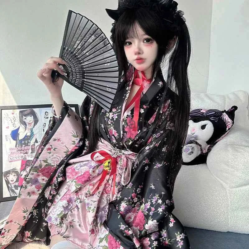 6pcs Traditional Japanese Kimono Robe Kawaii Pink Sakura Printed Bowknot Lolita Dress Halloween Party Geisha Cosplay Costumes
