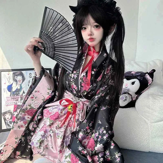 6pcs Traditional Japanese Kimono Robe Kawaii Pink Sakura Printed Bowknot Lolita Dress Halloween Party Geisha Cosplay Costumes