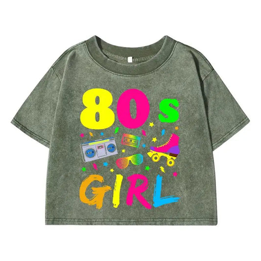 80 S Girl Colorfulprinting Female Washed Short Tshirt Breathable Summer T Shirt Casual Fashion Midriff-Baring Distress Tops SS69 32.69 Drak Green / S