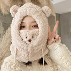 Winter Cartoon Hat With Mask Bear Lamb Beanie Hats Warm Thickened Ear Protection Skullies Beanies for Women Girl Kawaii SS69