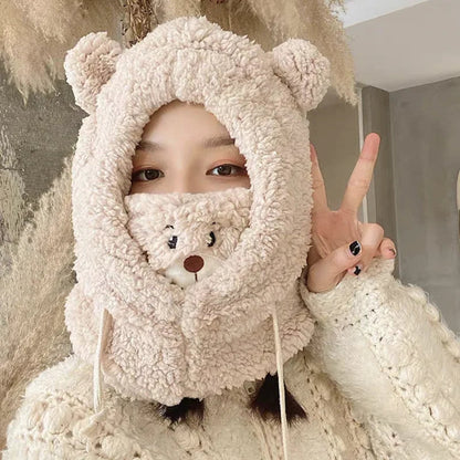 Winter Cartoon Hat With Mask Bear Lamb Beanie Hats Warm Thickened Ear Protection Skullies Beanies for Women Girl Kawaii SS69