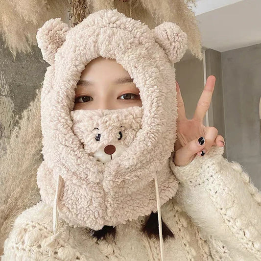 Winter Cartoon Hat With Mask Bear Lamb Beanie Hats Warm Thickened Ear Protection Skullies Beanies for Women Girl Kawaii SS69