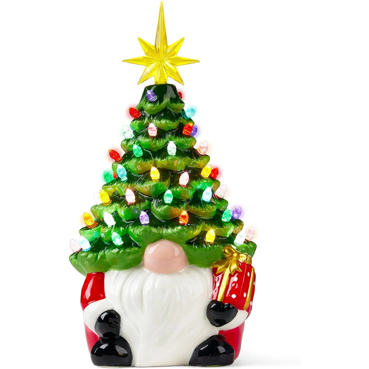 12” Gnome Ceramic Tree Light up Tabletop Xmas Decor with 60 LED Lights Ceramic Tree with Christmas Themed Design Xmas Holiday Indoor Office Table Fireplace Decoration