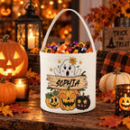 Custom Name Halloween Candy Bucket, Cute Ghost Pumpkin Black Cat Design Trick or Treat Pail, Kids Halloween Party Candy Basket