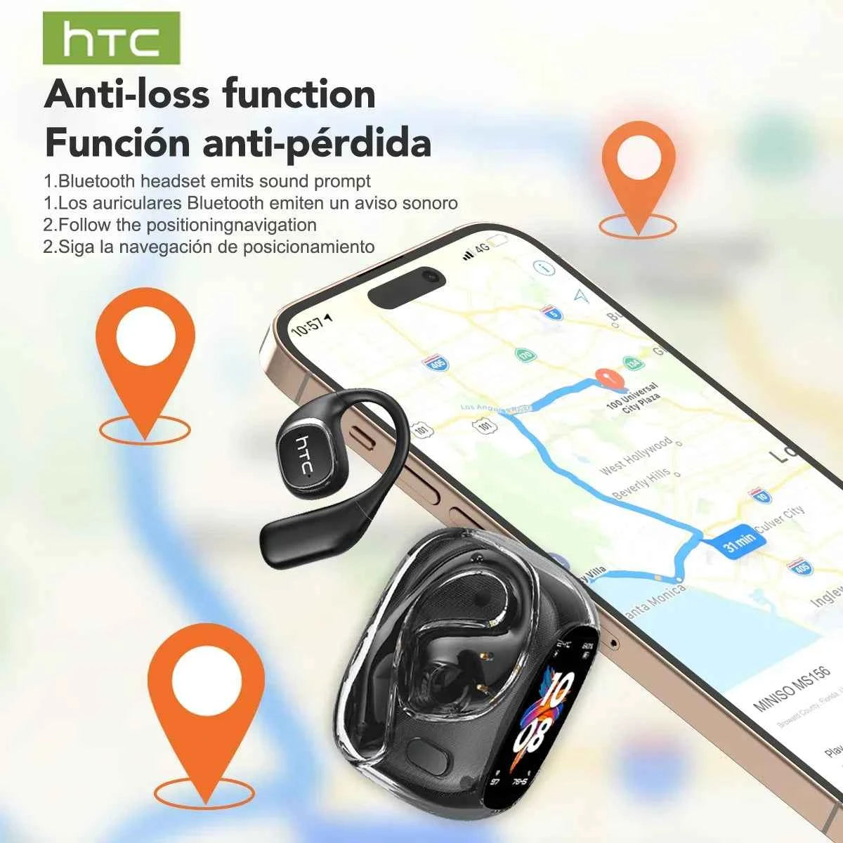 HTC NE11 Earphones Bluetooth V6.0 AI Translator Earbuds Open-Ear Wireless Headphones LCD Screen BASS Stereo 8 Hours Long-life