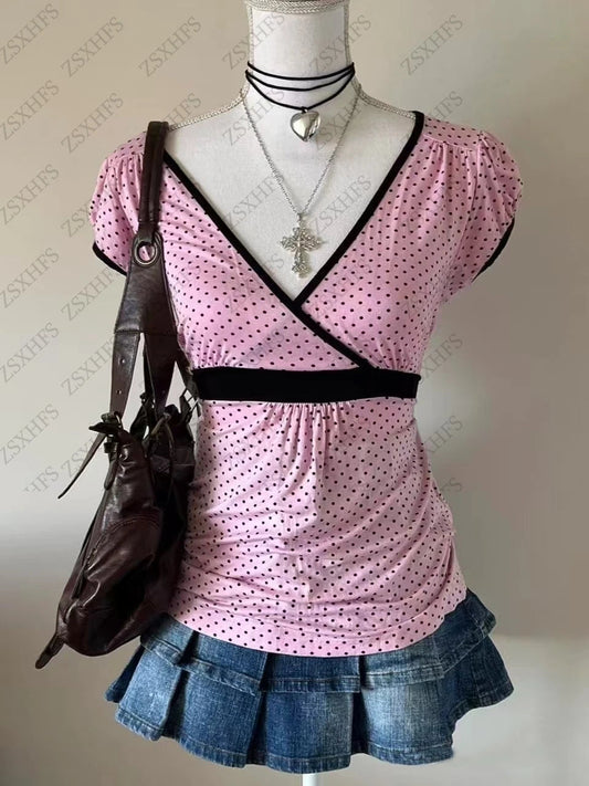 Harajuku Women T shirts Clothes Pink Vintage 2000S Casual Polka Dot Femme Tee Kawaii Sweet T shirt Cute Girl Crop Tops Y2k Top SS69