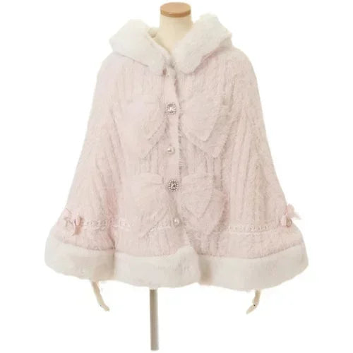 Godivana Women's Double-Layer Hooded Knitted Poncho with Big Ribbon - Thick Warm Jacket