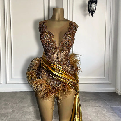 Luxury Gold Diamond Formal Occasion Cocktail Dresses Sheer Sexy See Through Black Girls Feather Short Prom Dresses 2025 Birthday SS69 241.69 green / 10