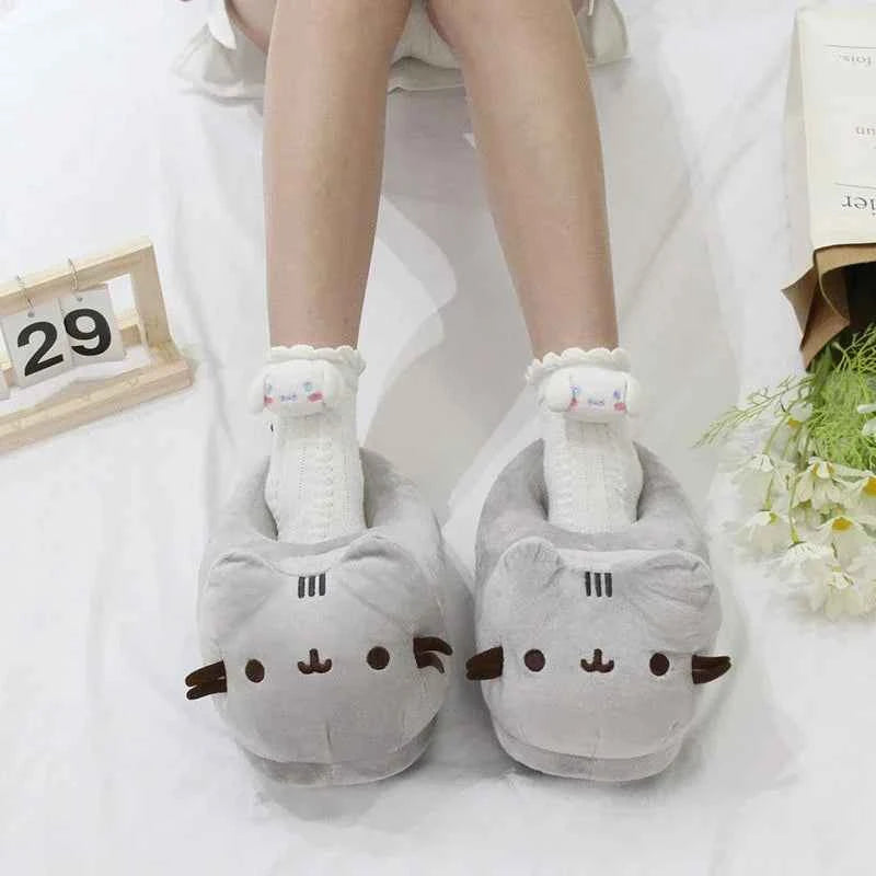 Cartoon Full Covered Cat Slippers Warm Winter Slides Soft Plush Doll Indoor Cute Anime Bedroom Shoes  Home Use