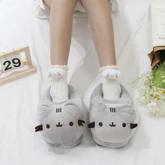 Cartoon Full Covered Cat Slippers Warm Winter Slides Soft Plush Doll Indoor Cute Anime Bedroom Shoes  Home Use
