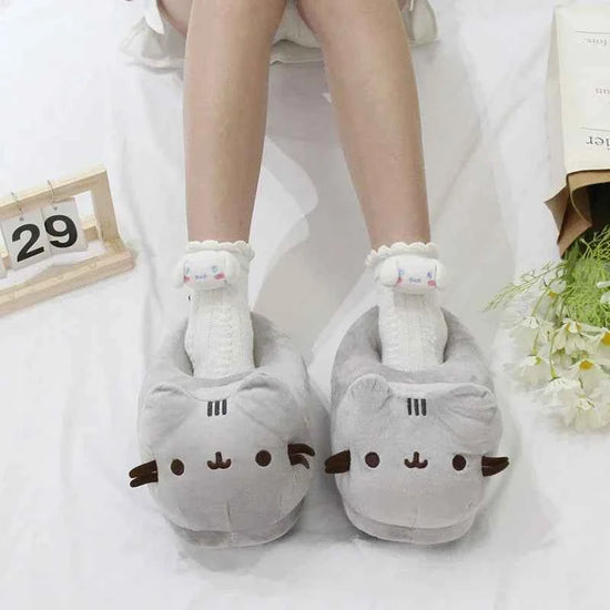 Cartoon Full Covered Cat Slippers Warm Winter Slides Soft Plush Doll Indoor Cute Anime Bedroom Shoes  Home Use