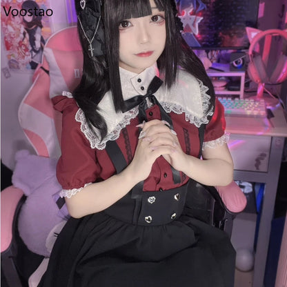 Gothic Y2k Lolita Shirt Japanese Harajuku Girls Sweet Lace Ruffles Bow Puff Sleeve Blouses Women Punk Clothes Tops Blusas Mujer SS69