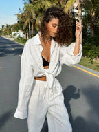 Bornladies Women's Cotton Long Sleeve Shirt & Wide Leg Pants Set