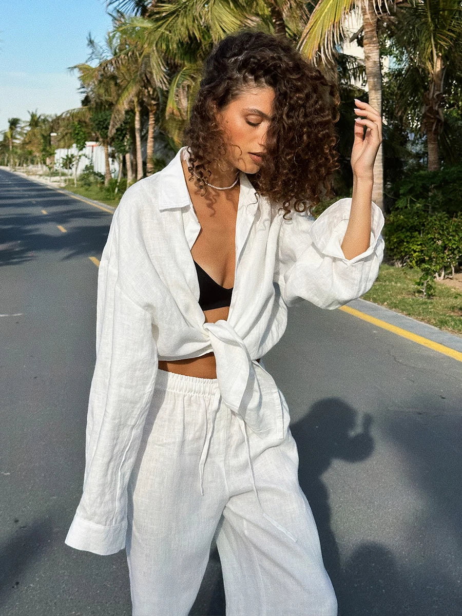 Bornladies Women's Cotton Long Sleeve Shirt & Wide Leg Pants Set