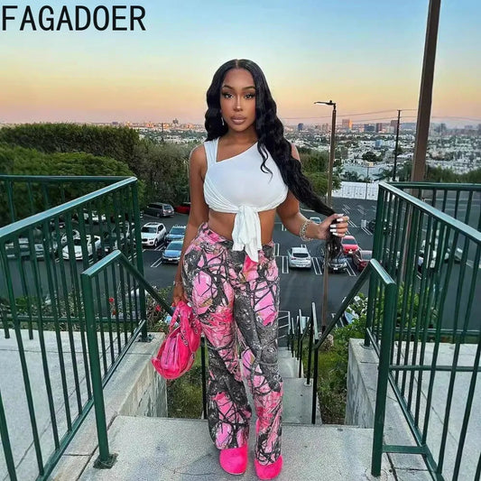 FAGADOER Y2k Fashion Pink Camouflage Print Pants Women Button High Waist Flare Pants Female INS New Autumn Streetwear Bottoms SS69