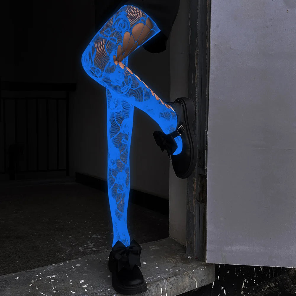 Women Glow in The Dark Fishnet Tight Rose Pattern Fishnet Tights Luminous Fishnet Halloween Party Festive Dress Up SS69 11.69 3082(Blue) / Max 172cm 75kg / CHINA