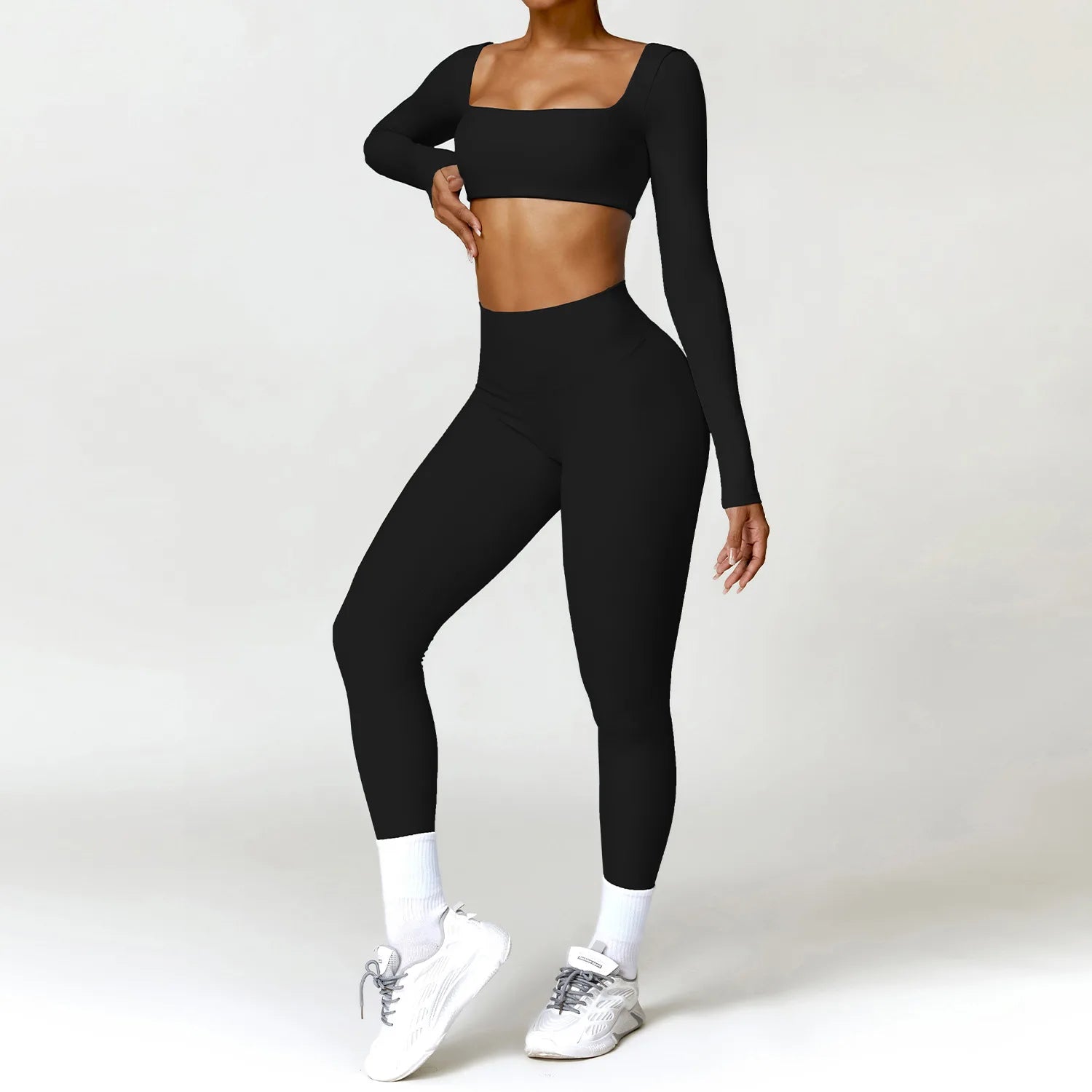 2PCS Yoga Suit Sports Set Women Quick-Drying Gym Set Women Tracksuit Running Workout Long Sleeve Sports Shirt Yoga Clothing SS69 56.69 Black 2 / XL
