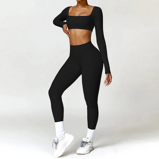 2PCS Yoga Suit Sports Set Women Quick-Drying Gym Set Women Tracksuit Running Workout Long Sleeve Sports Shirt Yoga Clothing SS69 56.69 Black 2 / XL