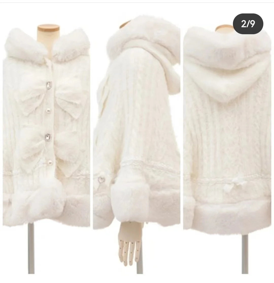 Godivana Faux Rabbit Fur Cape Coat with Rhinestone Bow
