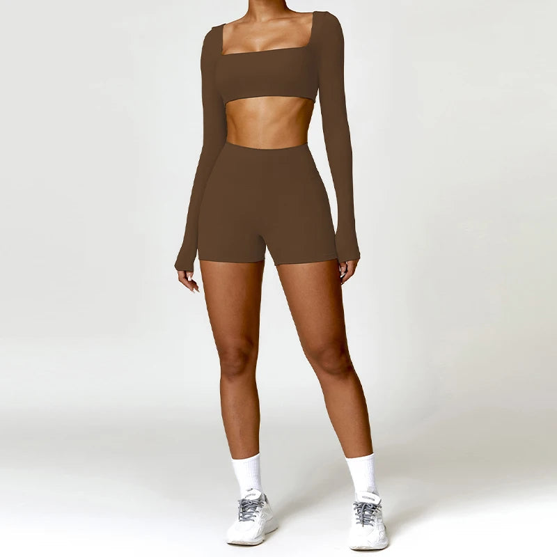 2PCS Yoga Suit Sports Set Women Quick-Drying Gym Set Women Tracksuit Running Workout Long Sleeve Sports Shirt Yoga Clothing SS69 49.69 Coffee 1 / S