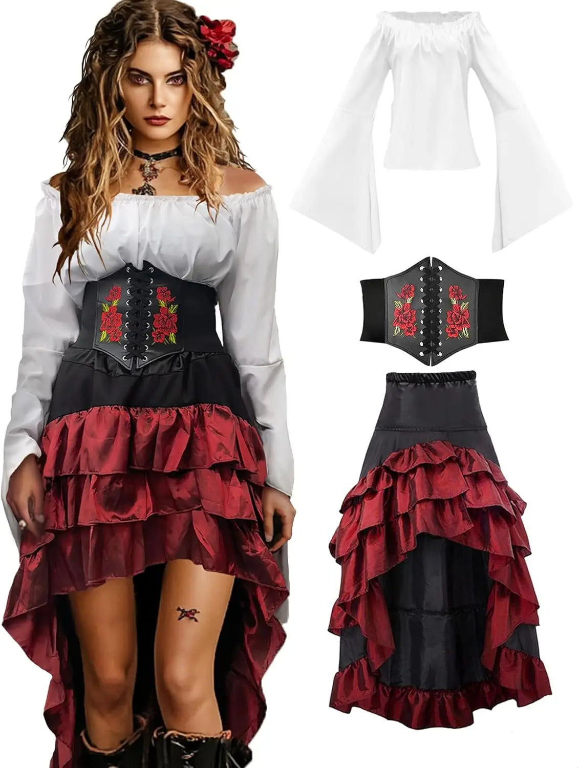 Women's Renaissance Pirate Costume Set with Skirt and Corset
