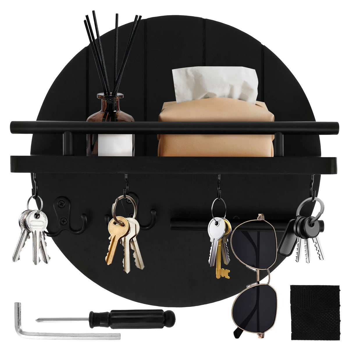 SS69 Round Wooden Wall Key Holder with Floating Shelf and 6 Storage Hooks