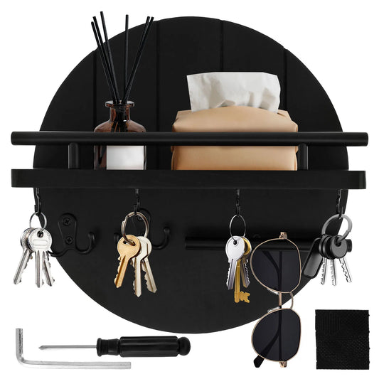 SS69 Round Wooden Wall Key Holder with Floating Shelf and 6 Storage Hooks