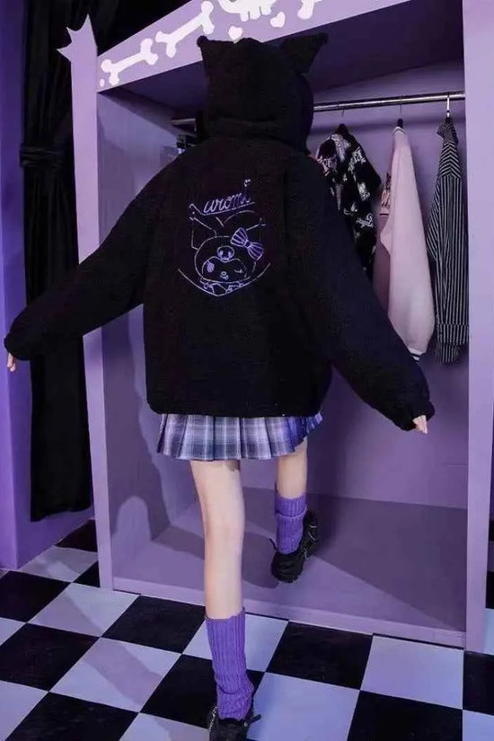 Sanrio New Hoodie Hooded Kuromi Cute Thicken Coat Fleece-Lined Embroidery Women's Loose Plus Size Hoodie Autumn and Winter Ins
