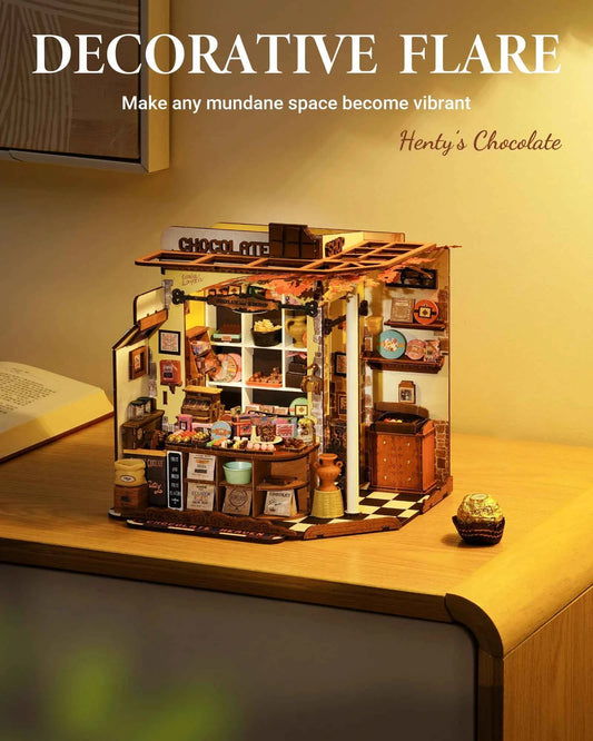 Robotime Rolife Henry's Chocolate DIY Miniature House Kit  Wooden Dollhouse Model Building Kit With LED Craft Gifts for Adults
