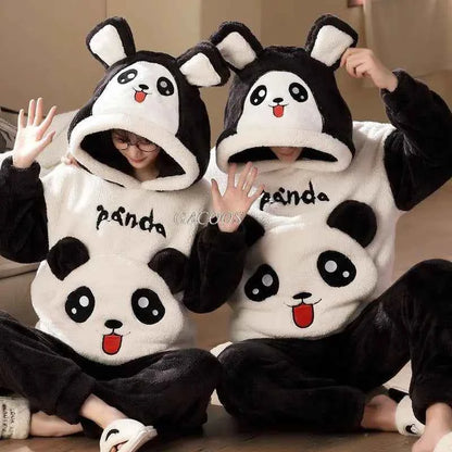 Adult Winter Thicken Sleepwear Pajamas Set Women Coral Fleece Pyjama Cartoon Deer Panda Hooded Homewear Loungewear Pijamas Suit