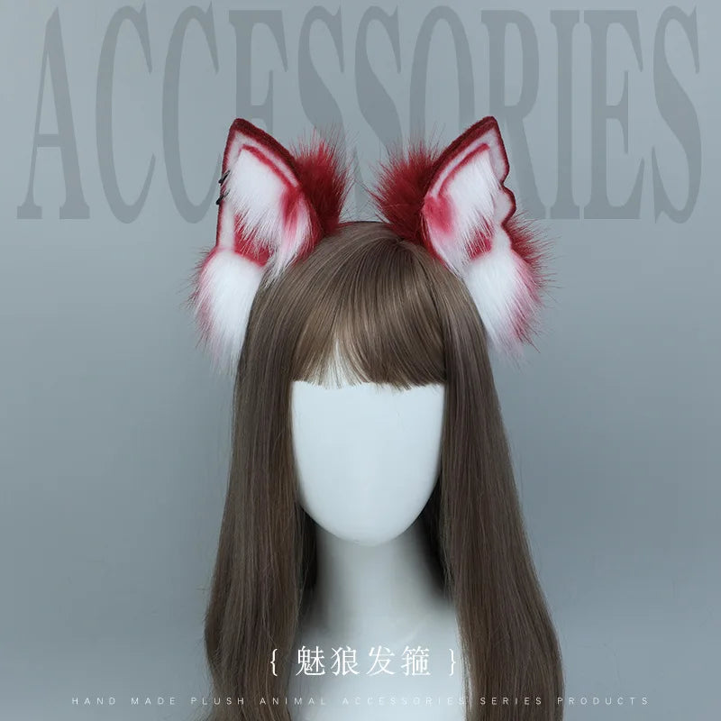 White/Red Wolf Fox Headwear Furry Jackal Ear Jackal Tail Props Cat Ear Headband Handmade Anime COSPLAY Lolita KC LOL Fox Costume