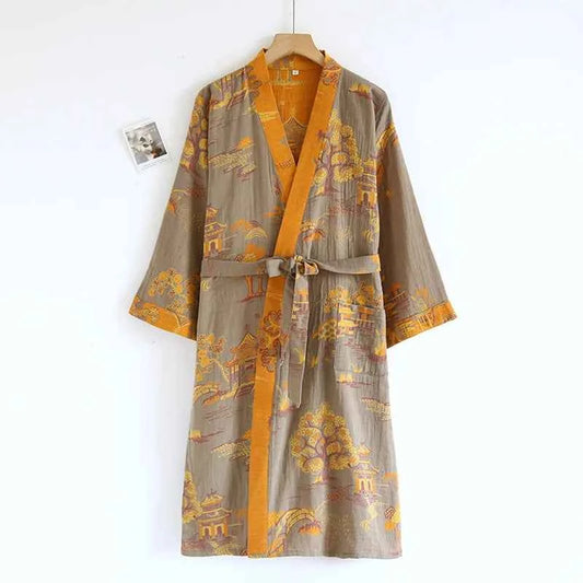 Cotton-colored Woven Jacquard Kimono Robes with Belt Loose Men's Long Sleeve Large Size Yukata Sweat-steamed Clothes