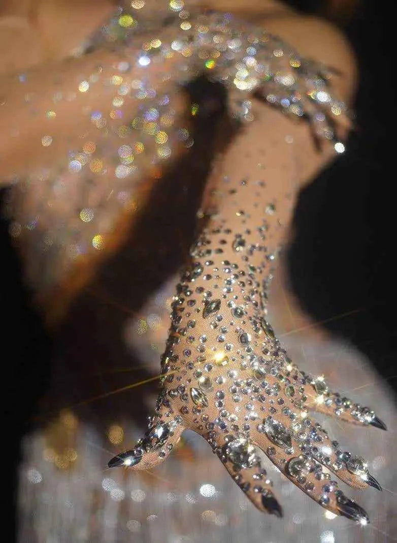 Luxurious Women's Rhinestone Gloves Sparkling Crystal Mesh Long Stretch Dancer Singer Stage Wear Accessory