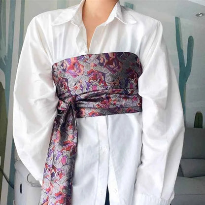 Traditional Japanese Kimono Yukata Obi Belt Crane Floral Printed Haori Belt Brocade Jacquard Waistband Shirt  Decor Accessories