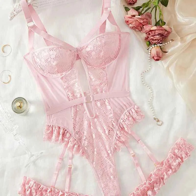 2pcs Red Floral Lace Garter Lingerie Set With Choker Women Intimates 2025 Underwire Bra And Thongs Ladies Underwear Set