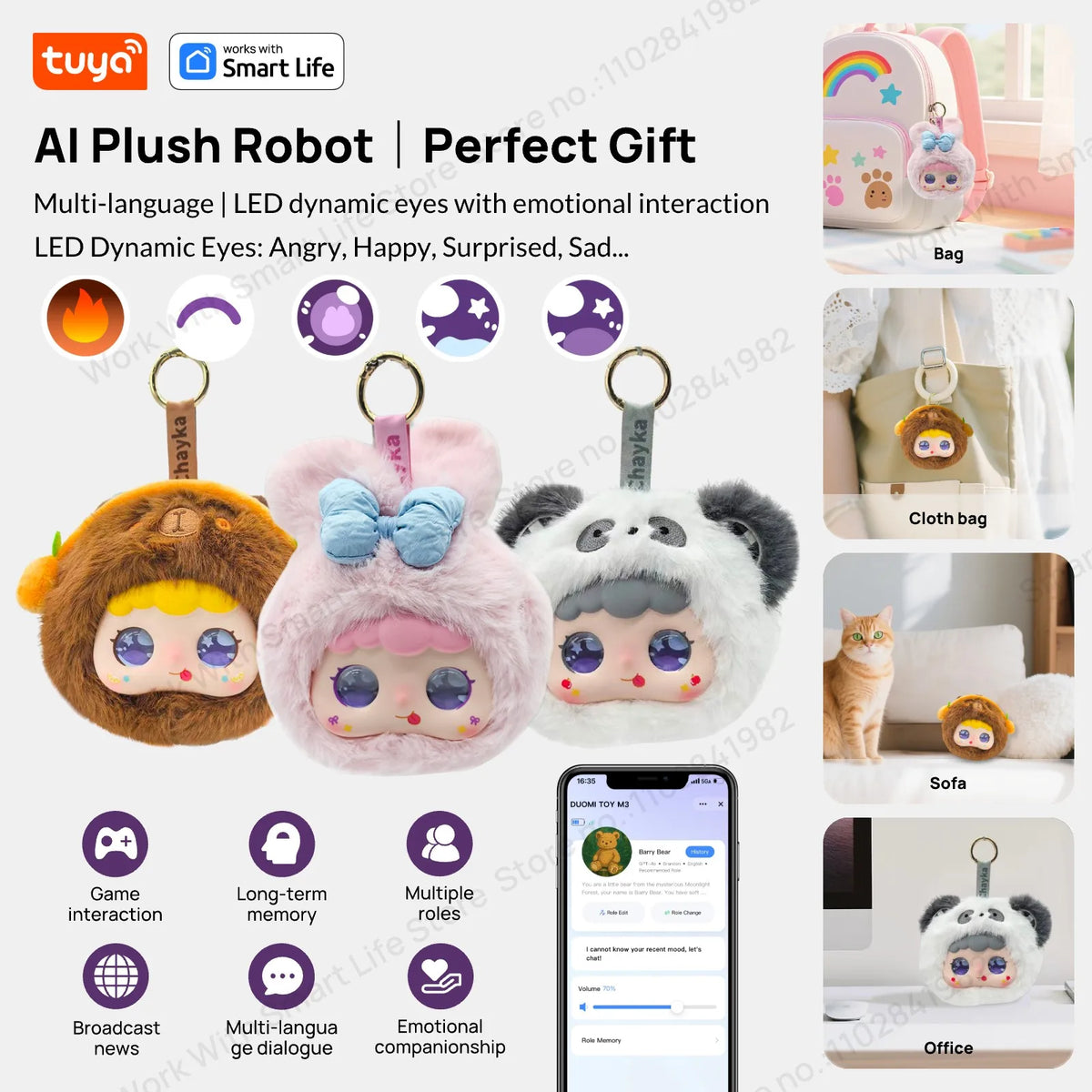 SS69 Tuya Smart AI Plush Robot with LED Eyes and Voice Control, USB Rechargeable