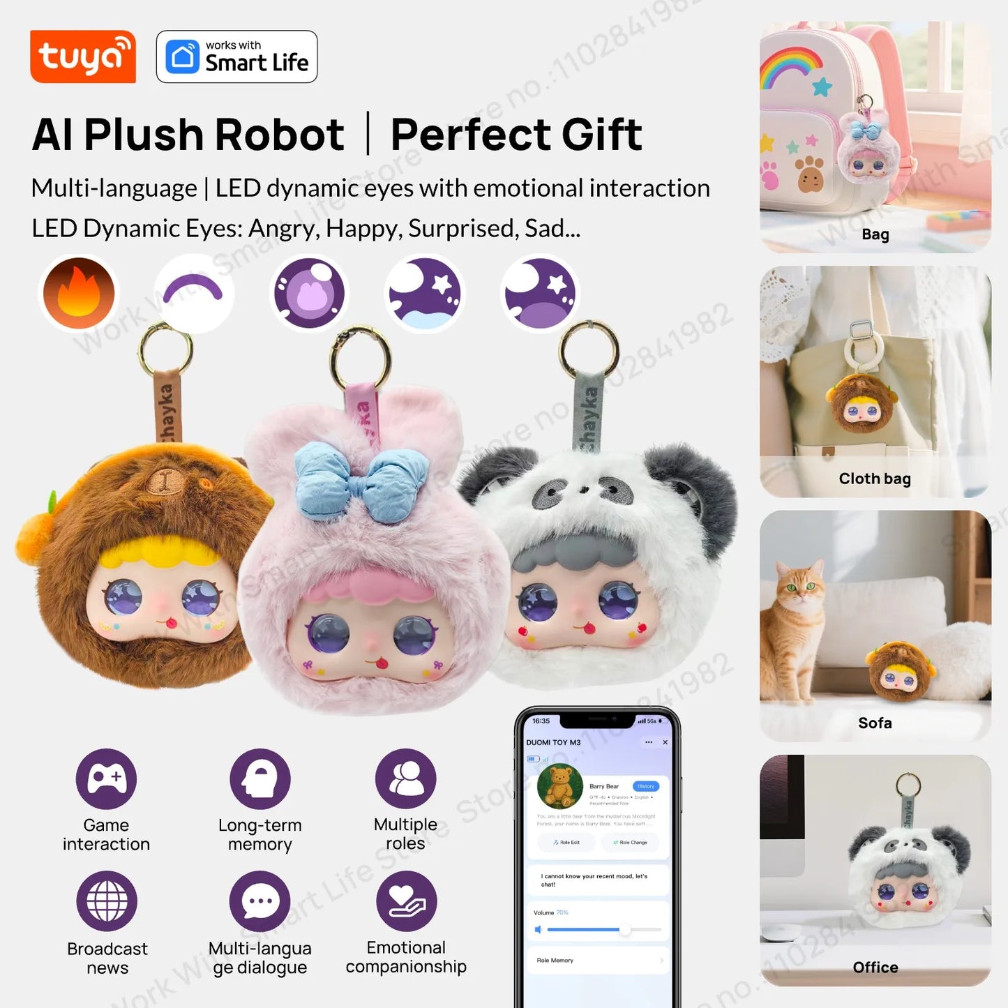 Tuya Smart  AI Plush Robot w/LED Eyes & Voice Control,Interactive Smart Toy USB Rechargeable Companion for Kids Gifts/Smart Home