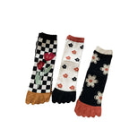 Womens Autumn And Winter Pure Cotton Five Finger Socks Printed Split Toe Socks Vintage Comfortable Socks