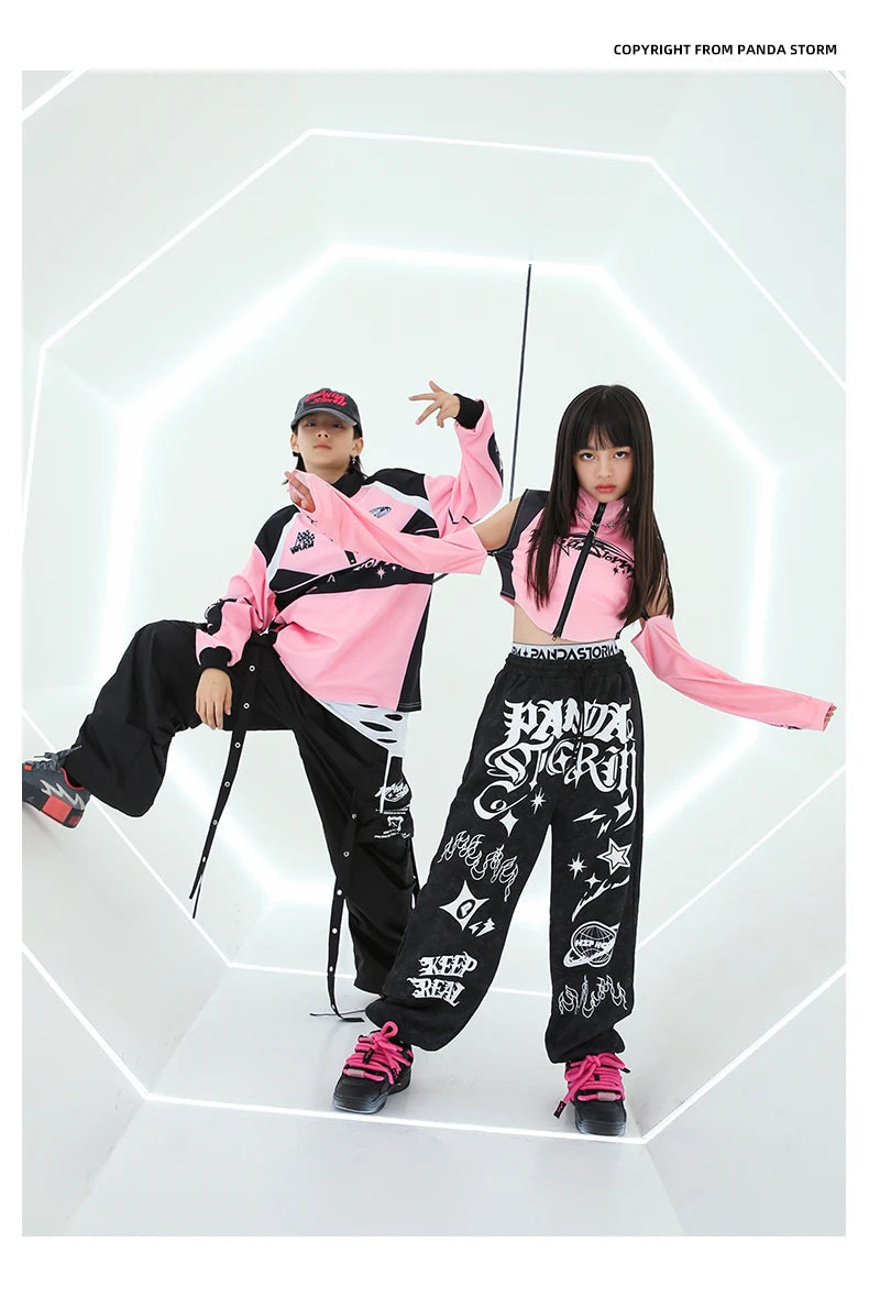 Hip Hop Dance Costume for Girls Pink Tops Black Pants Teenagers Boys Jazz Dance Performance Clothes Kpop Outfits Kids Stage Wear SS69