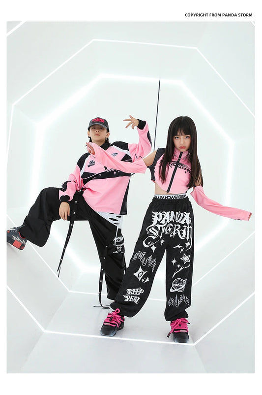 Hip Hop Dance Costume for Girls Pink Tops Black Pants Teenagers Boys Jazz Dance Performance Clothes Kpop Outfits Kids Stage Wear SS69