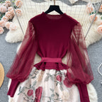 SINGREINY Senior Knitted Patchwork Dress Long Lantern Sleeves Bow Mesh Embroidery Floral Women Autumn France Elegant Party Dress