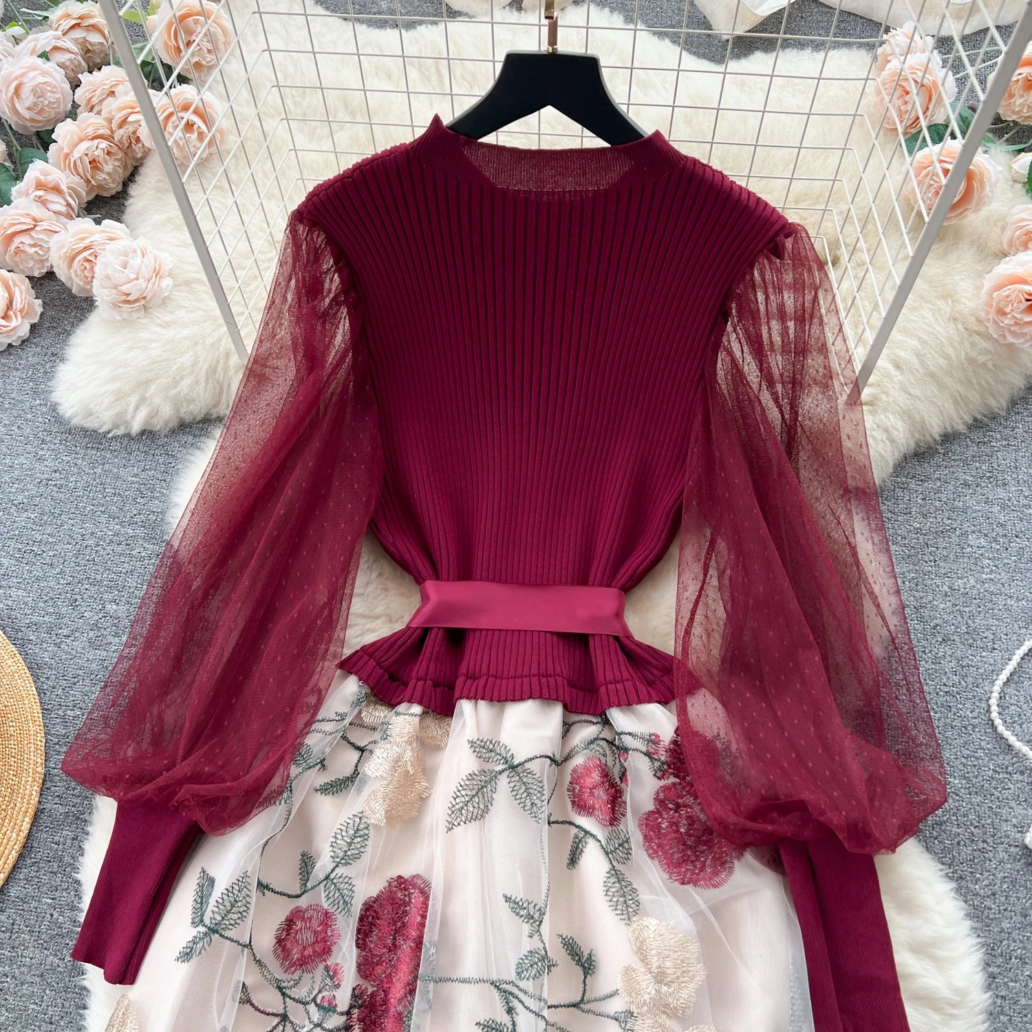 SINGREINY Senior Knitted Patchwork Dress Long Lantern Sleeves Bow Mesh Embroidery Floral Women Autumn France Elegant Party Dress