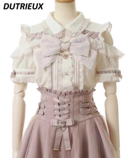 Japanese Mine Off-Shoulder Pearl Collar Cute Sweet Big Bow Shirt Skirt Outfit Women Summer New Lolita Short-Sleeved Shirt Skirts