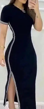 Womens Dresses 2023 Summer Fashion Striped High Slit Casual O-Neck Short Sleeve Daily Skinny Maxi A Line Dress Woman Clothing SS69