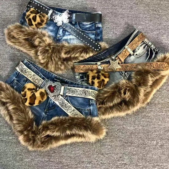 New American Y2k Retro Brown Hair Spliced shorts Trendy Old Hot Girl Low Waist Jeans Vintage Hip-hop Street Clothing Women SS69