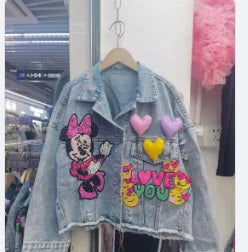 Fashion Brand Jeans Coat Women's Spring Autumn New Heavy Industry Cartoon Sequins Chaqueta High Street Loose-Fitting Denim Coats - SS69