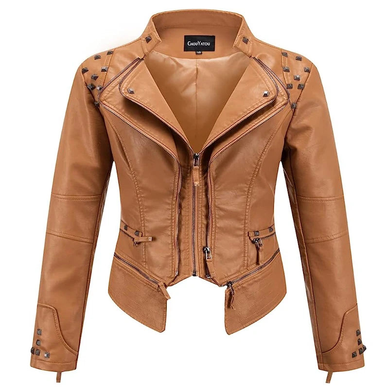 2025 Spring New Style Suit Collar Rivet Waist Short Washed Pu Leather Jacket