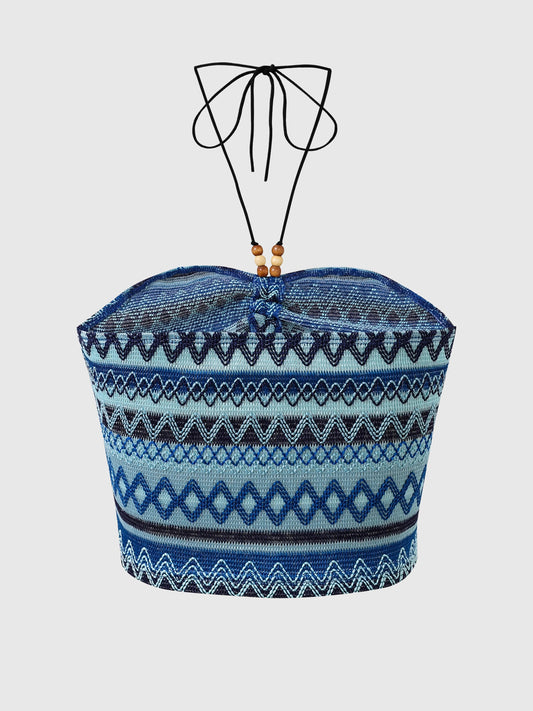 Geo Pattern Beaded Halter Crop Top, Vacation Style Backless Crop Top For Summer, Women's Clothing SS69