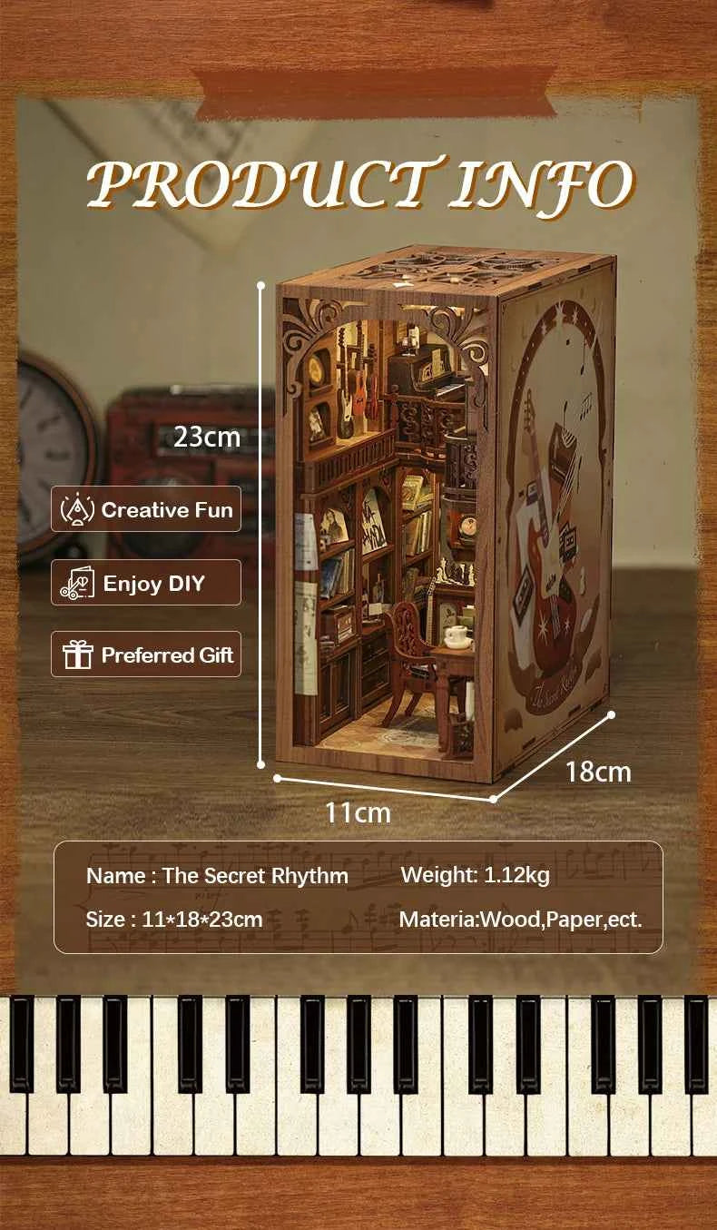 CUTEBEE DIY Book Nook Miniature Dollhouse Booknook with Touch Light Dust Cover Bookshelf Insert for Decor Gifts Secret Rhythm