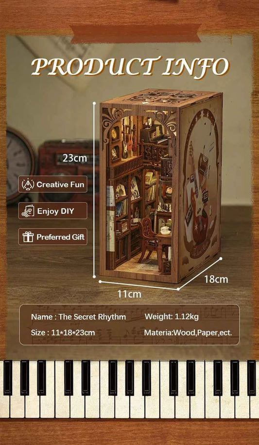 CUTEBEE DIY Book Nook Miniature Dollhouse Booknook with Touch Light Dust Cover Bookshelf Insert for Decor Gifts Secret Rhythm